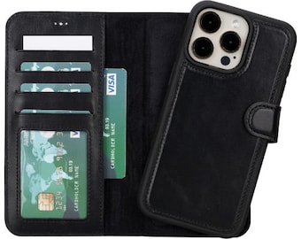 iPhone 15 Pro Max Leather Phone Case | iPhone 15 Pro Stand and Wallet Case, RFID and Magsafe, iPhone 15 Series Case (Rustic Black)