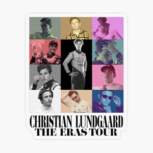 May include: A sticker featuring a grid of images of Christian Lundgaard in various poses and outfits, set against colorful backgrounds. The text "CHRISTIAN LUNDGAARD THE ERAS TOUR" is printed at the bottom in a bold, stylized font.