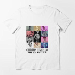 May include: White t-shirt featuring a grid of nine images of Christian Lundgaard in various poses, with a variety of colored backgrounds. Below the images is the text "CHRISTIAN LUNDGAARD THE ERAS TOUR".
