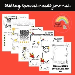 Könnte beinhalten: Ein druckbares Tagebuch für Geschwister von Kindern mit besonderen Bedürfnissen. Das Tagebuch enthält bunte Sprechblasen mit Aufforderungen für das Geschwisterkind, über seine Gefühle und Erfahrungen zu schreiben. Das Tagebuch enthält Aufforderungen wie "Mein Geschwister ist gut in...", "Dinge, die sie schwer finden...", und "Dinge, die ich tun kann..."