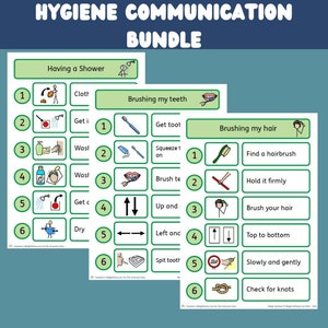 May include: A set of six illustrated visual communication cards for hygiene routines. The cards feature simple line drawings and text. The routines include having a shower, brushing teeth, and brushing hair.