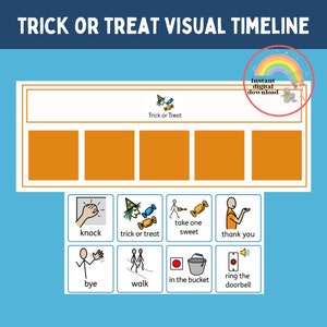 Trick or treat visual timeline, non verbal visual aids, communication system, non verbal autism, communication aid, Halloween visuals