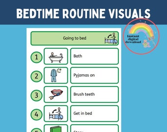 Bedtime routine visual aids, additional needs communication in print, visual timetable for daily routines, self care visual resources
