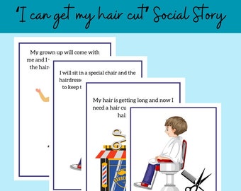 Historia social de corte de pelo, historias sociales para visitar a la peluquería, Puedo cortarme el pelo, historia social de visitar al barbero, visual de autismo.