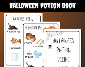 Halloween mud kitchen potion recipe book, Kids halloween games and crafts, mud kitchen recipes, forest school printables, halloween activity