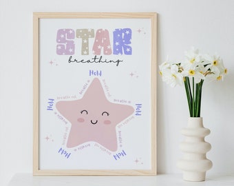 May include: A framed print with the words "STAR breathing" in colorful letters. A pink star with a smiling face is in the center, with instructions around it. A vase of white flowers sits to the right.