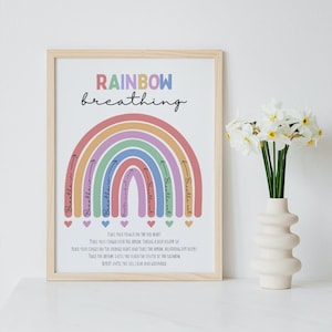 May include: A printable poster with a rainbow and arrows that says "RAINBOW breathing".  Instructions for a breathing exercise are included: "Place your finger on the red heart. Take a deep breath in. Place your finger over the arrow and trace the arrow, breathing out slowly. Repeat until you feel calm and grounded."