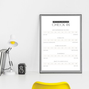 Op de afbeelding: Een zwart-witte, printbare mentale gezondheidscheck-poster met een schaal van 1 tot 10 om te beoordelen hoe ondersteund je je voelt, de werklast, de balans tussen werk en privéleven, het team moreel en het vermogen om doelen te bereiken.