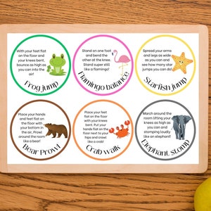 May include: A set of six colourful printable activity cards featuring animal-themed movement exercises. Each card has a different animal, such as a frog, flamingo, starfish, bear, crab, and elephant, and instructions for how to move like that animal. The cards are perfect for children's parties, classroom activities, or just for fun.
