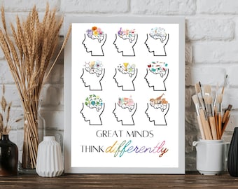 Great minds think differently class print, inclusive education, special education, inclusion and diversity, children's colourful wall art