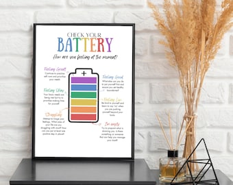 Check your battery, mental health check in wall art, staff mental health and wellbeing, teacher staff room wellbeing and mental health