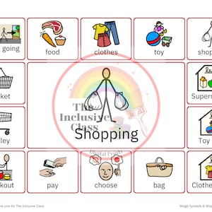 以下が含まれることがあります： 買い物について教えるためのカラフルな視覚教材。画像には、バスケット、トロリー、レジ、支払い、選択、バッグ、スーパーマーケット、おもちゃ屋、洋服屋、食べ物、服、おもちゃ、買い物などの写真が含まれています。