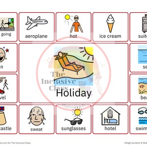 Puede incluir: Una cuadrícula colorida de imágenes que representan varios aspectos de las vacaciones, incluyendo viajes, diversión, sol, playa y natación. Las palabras "The Inclusive Class Holiday" están escritas en un círculo rojo.