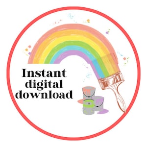 May include: A red circle with a rainbow painted with a paintbrush and the text "Instant digital download" in black. There are three paint cans below the rainbow.