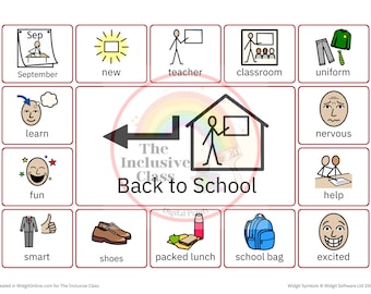 Terug naar school communicatiebord, non-verbale visuele hulpmiddelen, communicatiesysteem, non-verbaal autisme, communicatiehulpmiddel,