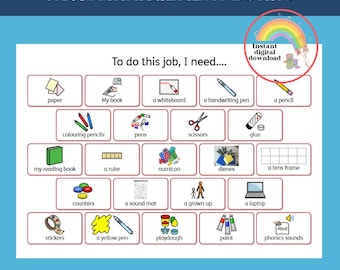 May include: A white task management board with the text "TASK MANAGEMENT BOARD" at the top. The board has labeled boxes with images of school supplies like pencils, scissors, and a laptop. The text "To do this job, I need..." is above the boxes.