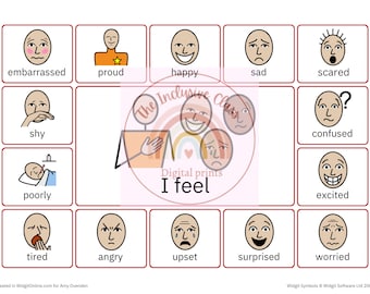 May include: A chart with 12 different facial expressions, each with a corresponding emotion word below it. The emotions are: embarrassed, proud, happy, sad, scared, shy, poorly, confused, excited, tired, angry, upset, surprised, and worried. The chart is titled "I feel".