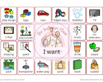 May include: A colorful grid of images with the text "I want" in the center. The images represent different activities and objects, such as playing outside, drawing, music, and a book.