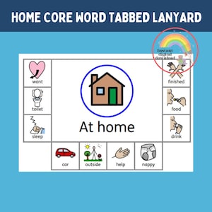Pode incluir: Um cordão branco com o texto "HOME CORE WORD TABBED LANYARD" no topo. O cordão apresenta vários ícones e palavras ilustradas, incluindo "want", "toilet", "sleep", "car", "outside", "help" e "nappy". A frase "At home" também é exibida.