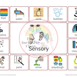 May include: A colorful chart with images and text describing sensory activities. The chart includes activities like playing with fidget toys, water, sand, bubbles, swings, trampolines, music, tents, chew toys, paint, slime, playdough, and lights.