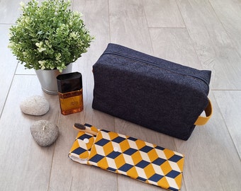 Jeans toiletry bag for men, geometric yellow and blue interior, handmade in France, gift for men