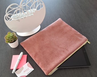 Housse de protection pour tablette ou ordinateur en velours cotelé rose personnalisable, pochette iPad, cadeau anniversaire