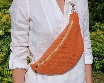 Customizable salmon corduroy fanny pack, women's handbag, handmade in France, gift for her