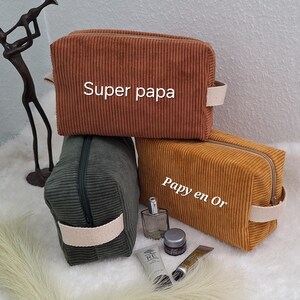 Trousse de toilette en velours côtelé pour homme personnalisable, kit voyage, fait main en France, cadeau fête des pères