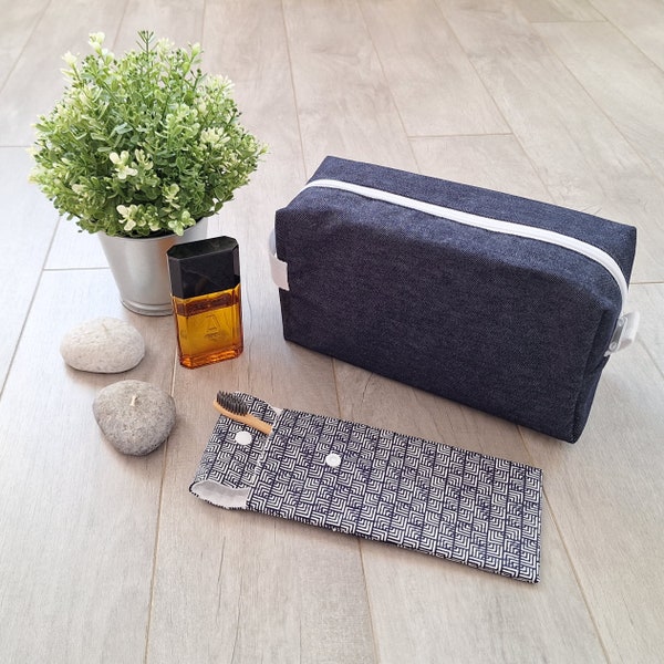 Trousse de toilette bleue en jeans pour homme, kit voyage, fait main en France, cadeau anniversaire