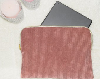 Housse de protection pour tablette ou ordinateur en velours cotelé rose personnalisable, pochette iPad, fait main en France