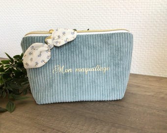 Light yellow makeup pouch made of corduroy and floral fabric, customizable, handmade in France, birthday gift
