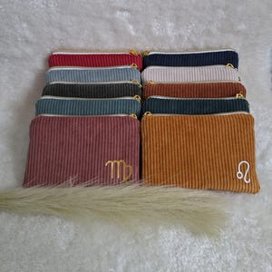 Pochette en velours côtelé personnalisé, porte monnaie signe astrologique, fait main en France, cadeau anniversaire