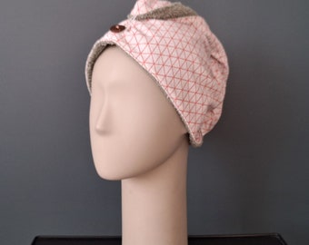 Turban serviette à cheveux pour femme motif géométrique saumon, soin visage, fait main en France, cadeau pour femme