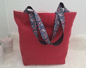 Bolso de pana color frambuesa, bolso tote, hecho a mano en Francia, regalo de cumpleaños