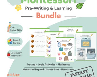 Montessori PreWriting and Learning Mega Bundle. Fine Motor Skills. Logic. Flashcards. Printable PDF