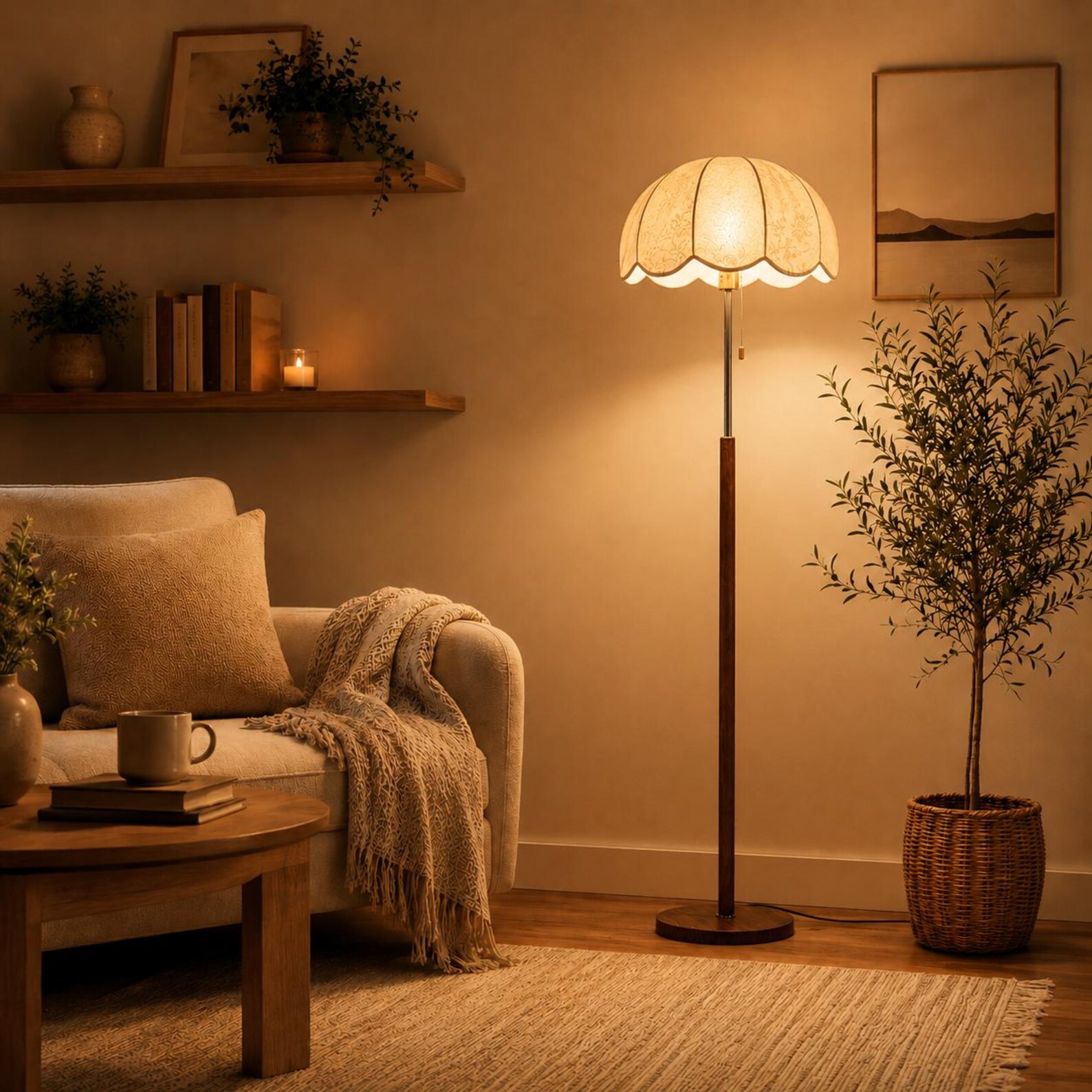Mid Century Walnut Floor Lamp, Floral Scalloped Shade