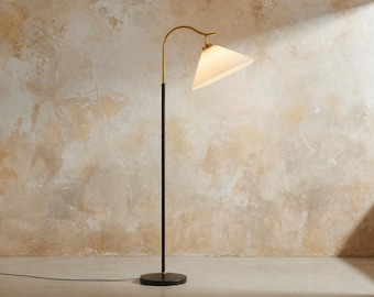 Mid Century Modern Floor Lamp, Pleated Fabric Shade, Minimalist Lighting