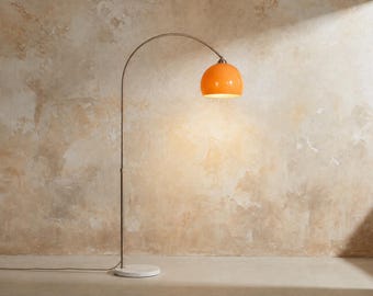 Vintage Orange Arc Floor Lamp, Mid Century Modern Marble Base Standing Light