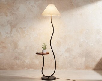 Wavy Stem Floor Lamp with Wooden Shelf, Modern Standing Lamp with Pleated Shade, Mid Century Modern Side Table Light, Minimalist Decor