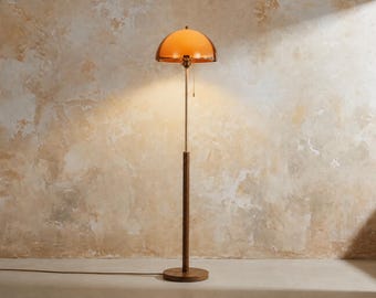 Mid Century Modern Orange Mushroom Floor Lamp, Vintage Wooden Accent Lighting