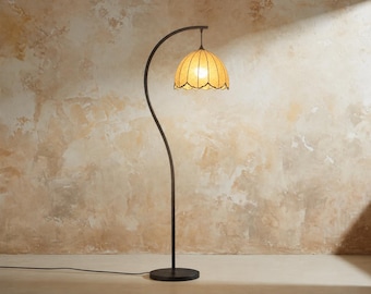 Mid Century Arc Floor Lamp, Textured Fabric Shade, Japandi Wabi Sabi Lighting