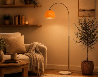 Modern Orange Arc Floor Lamp, Vintage Marble Base Standing Light