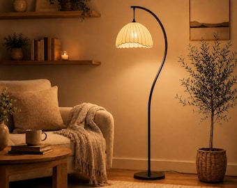 Vintage Arc Floor Lamp – Pleated Shade, Scandinavian Modern Standing Light