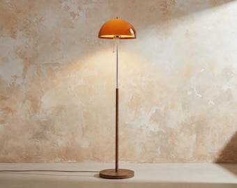 Mid Century Modern Orange Mushroom Floor Lamp, Vintage Wooden Accent Lighting