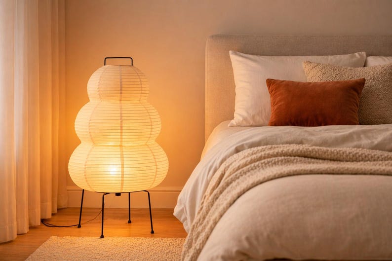 Puede incluir: Una l&aacute;mpara de pie de papel con un dise&ntilde;o apilado y redondeado, iluminada desde dentro. La l&aacute;mpara tiene una estructura y un asa de metal negro. La luz c&aacute;lida ilumina un dormitorio con una cama, almohadas y una manta. La habitaci&oacute;n tiene una paleta de colores neutros.