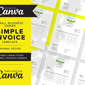 May include: A simple invoice template with a minimal design. The template features a green landscape logo, a space for the invoice number, and a table for listing items, quantities, prices, and totals. The template is editable in Canva and is ideal for small business owners.