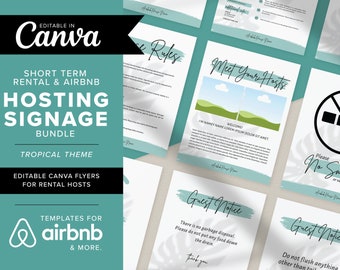 Modello pacchetto cartello Airbnb a tema tropicale / Segnaletica Airbnb per il noleggio Home / Cartello Wi-Fi / Lista di check-out / Host Airbnb
