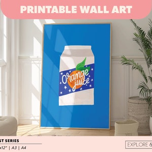 Printable Art Orange Juice Kitsch Illustrated Art Print | AirBnb Host Wall Art | Instant Access Download JPGs | Retro Wall Art