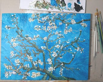 Hand painted reproduction of "Almond Blossom" from Vincent Van Gogh. Acrylic on canvas.