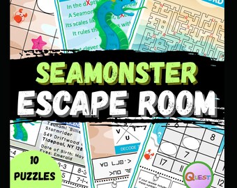 Escape Room-spel med sjömonsterattack, ordsökning, utskrivbart partyspel för barn, pussel, klassrumsfest, familjespel, hemliga koder